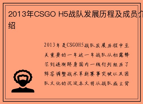 2013年CSGO H5战队发展历程及成员介绍
